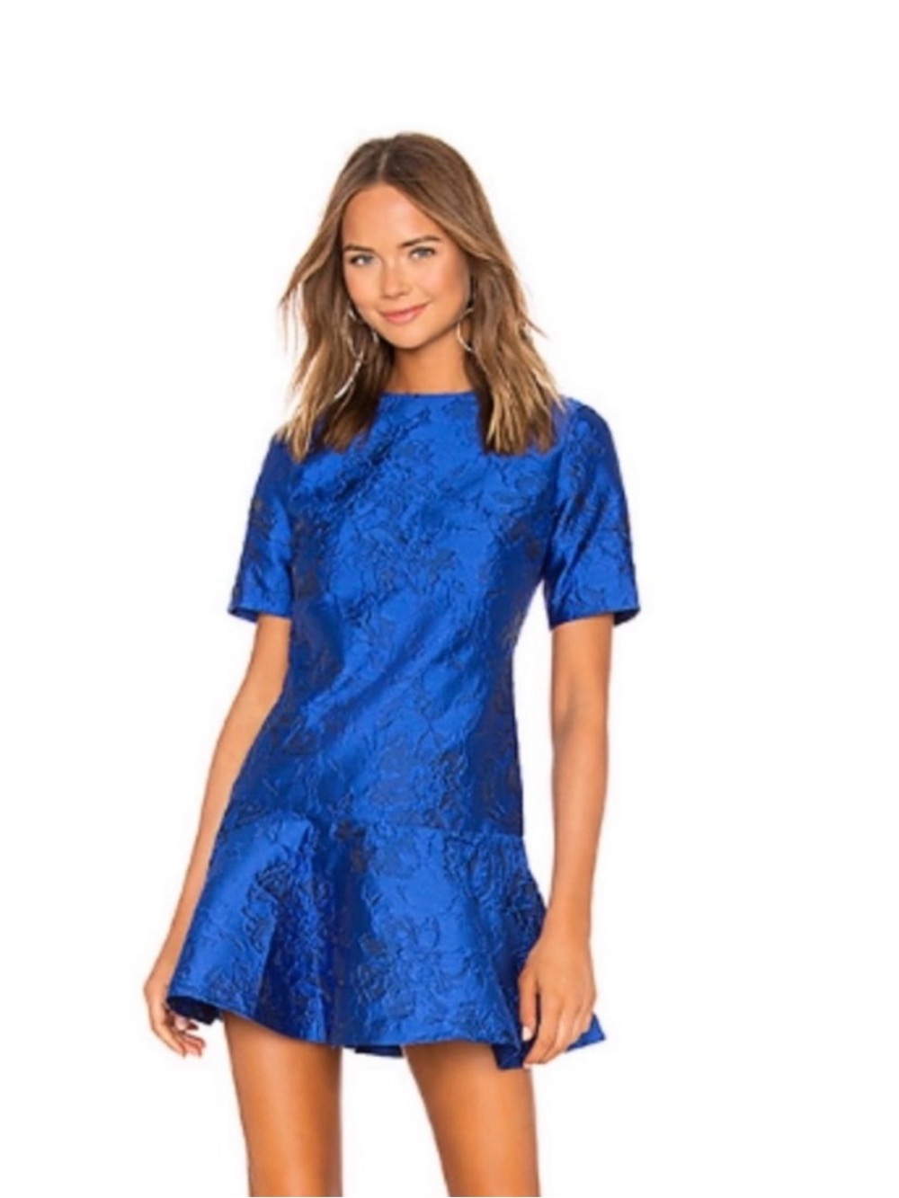 Alice and Olive Royal Blue Floral Jacquard Short Sleeve Fit-and-Flare Dress